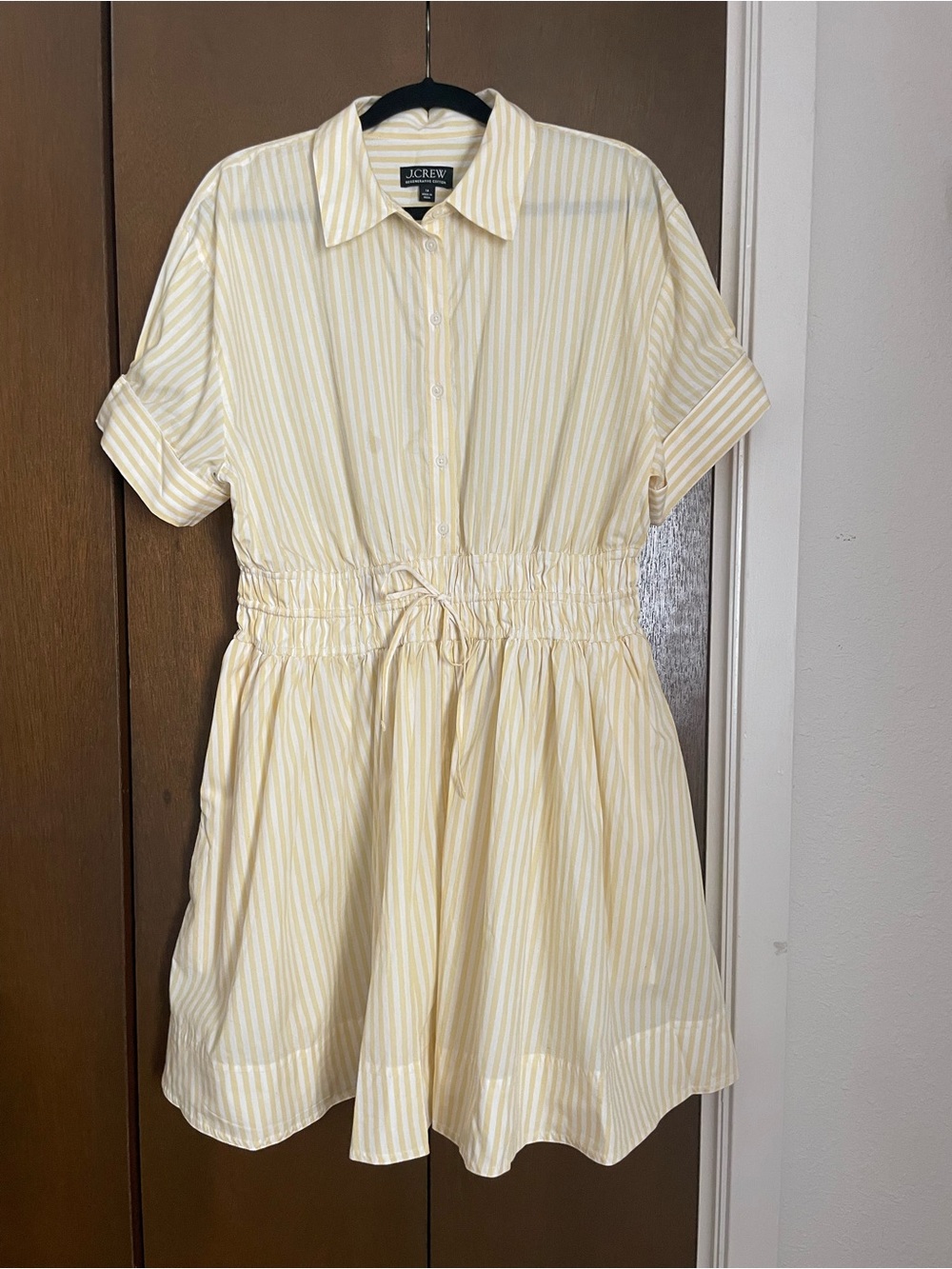 J. Crew Pale Yellow Striped Drawstring Shirt Dress